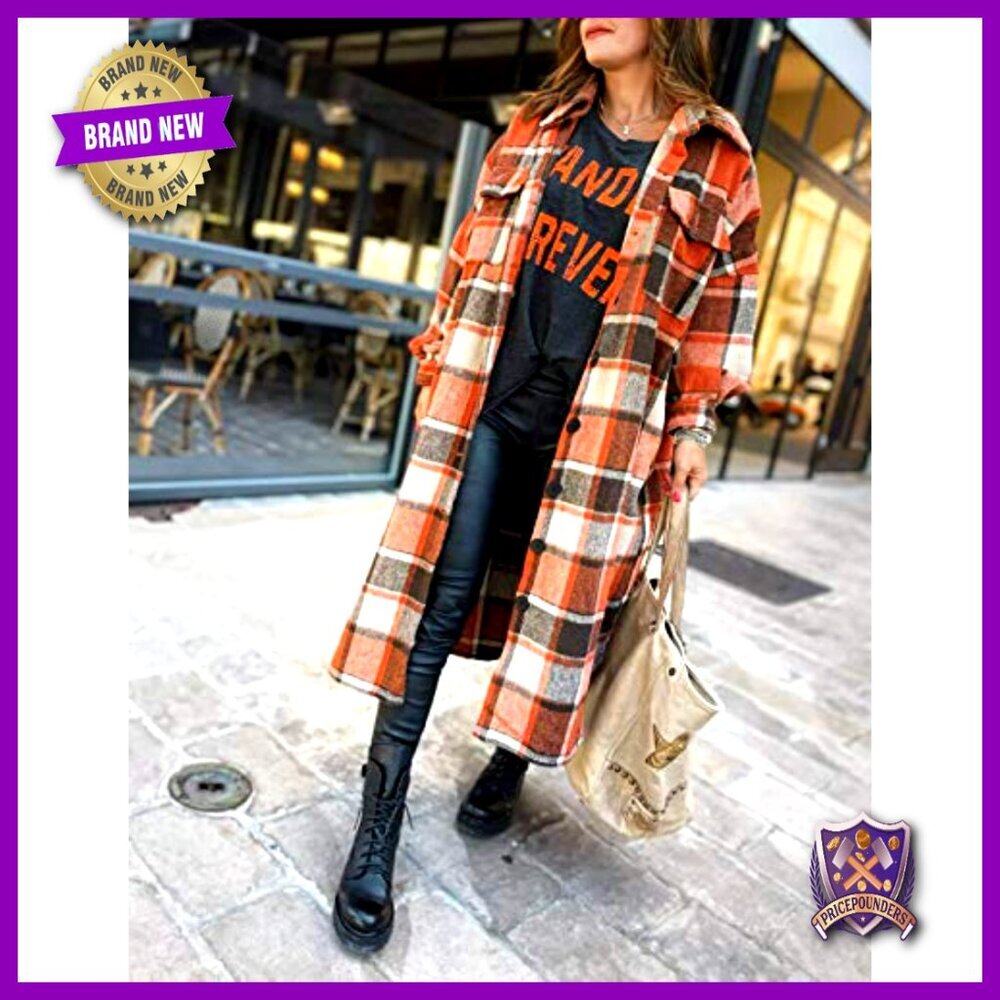 Oversized Flannel Trench Coat Classic Plaid Shacket Button Down Long - Picture 3 of 7